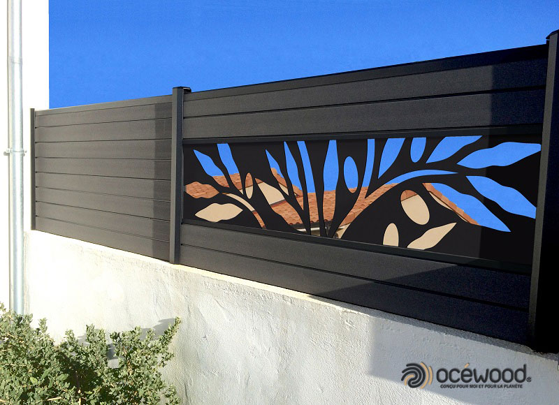 Panneaux séparatifs en composite et grande lame aluminium motif olivier