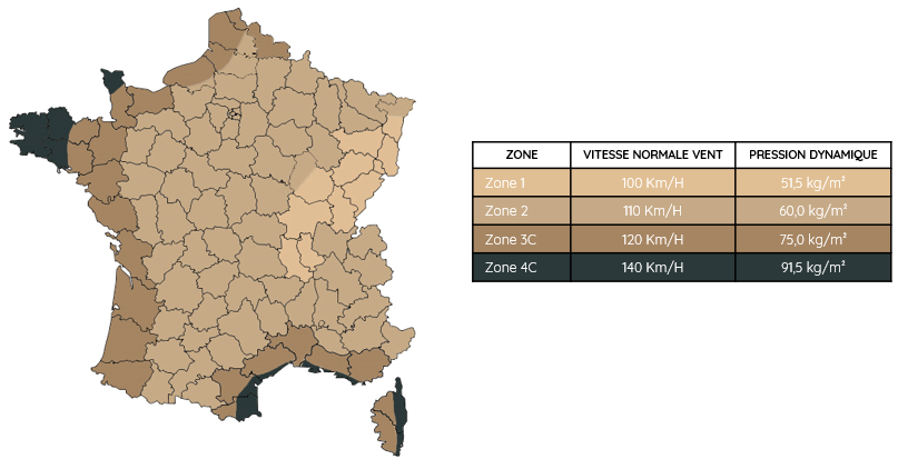 Carte de France du DTU - NV 65 Action Climatique Neige et Vent : un gage de qualité 