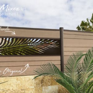 clôture composite marron moka. mix de lames. lame décorative aluminium palme. poteaux brun.