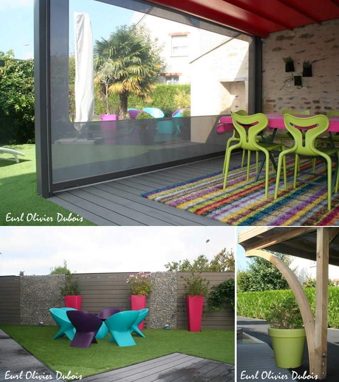 terrasse jardin moderne avec mobilier coloré