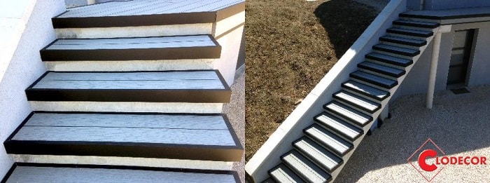 escalier de jardin en lames composites grises Océwood