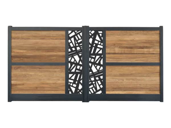 portail composite battant effet bois exotique teck. lame décorative géométrique. cadre gris foncé.