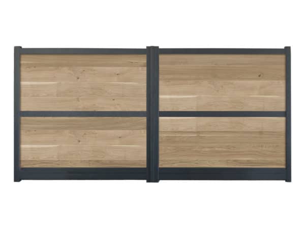 portail composite battant effet bois chêne. cadre gris foncé.