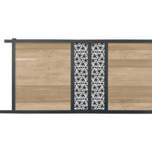 portail composite coulissant effet bois chêne. lame décorative motifs géométriques. cadre gris foncé.