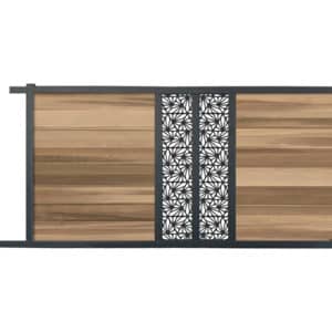 portail composite coulissant effet bois exotique red cedar. lame décorative motifs géométriques. cadre gris foncé.