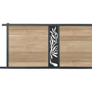 portail composite coulissant effet bois chêne. lame décorative olivier. cadre gris foncé.