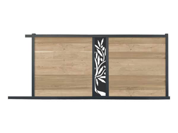 portail composite coulissant effet bois chêne. lame décorative olivier. cadre gris foncé.