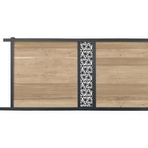 portail composite coulissant effet bois chêne. lame décorative motifs géométriques. cadre gris foncé.