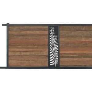 portail composite coulissant effet bois exotique ipé. lame décorative palme. cadre gris foncé.