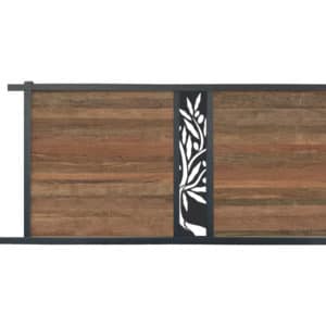 portail composite coulissant effet bois exotique ipé. lame décorative olivier. cadre gris foncé.