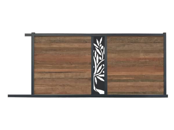 portail composite coulissant effet bois exotique ipé. lame décorative olivier. cadre gris foncé.