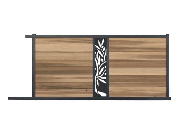 portail composite coulissant effet bois exotique red cedar. lame décorative olivier. cadre gris foncé.
