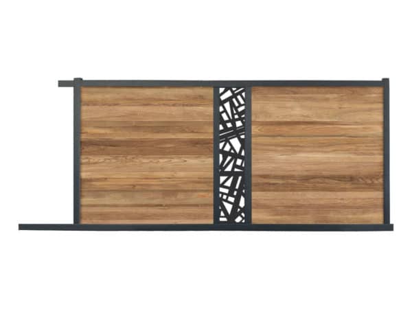 portail composite coulissant effet bois exotique teck. lame décorative géométrique. cadre gris foncé.