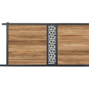 portail composite coulissant effet bois exotique teck. lame décorative motifs géométriques. cadre gris foncé.