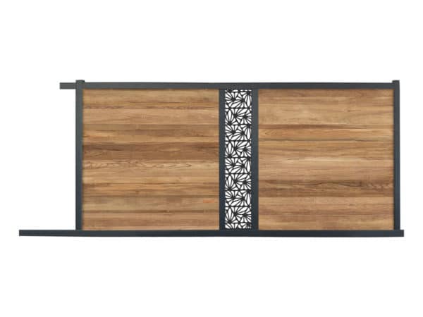 portail composite coulissant effet bois exotique teck. lame décorative motifs géométriques. cadre gris foncé.