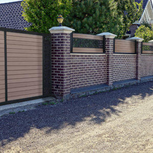 clôture et portail composite marron clair moka Océwood. lame décorative aluminium motifs géométriques Grafisk. poteaux et cadre noir.