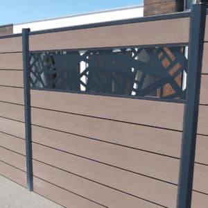 clôture composite marron foncé arabica Océwood. lame décorative aluminium géométrique New York. poteaux gris foncé 7016.