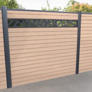 clôture composite marron foncé arabica Océwood. lame décorative aluminium géométrique New York. poteaux gris foncé 7016.