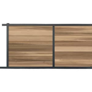 portail composite coulissant effet bois exotique red cedar. cadre gris foncé.