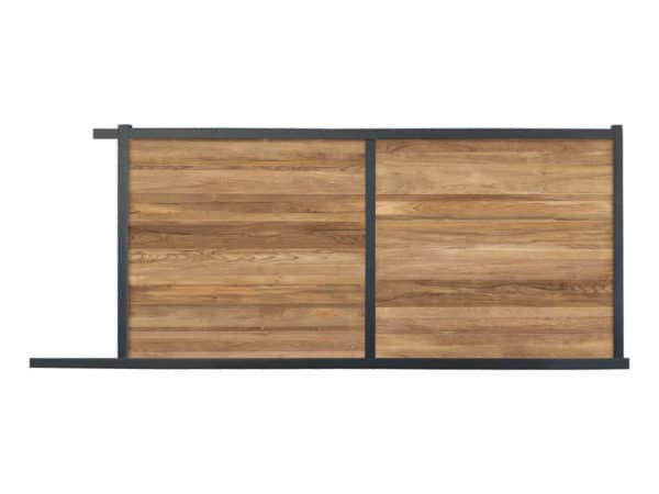 portail composite coulissant effet bois exotique teck. cadre gris foncé.
