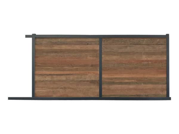 portail composite coulissant effet bois exotique ipé. cadre gris foncé.